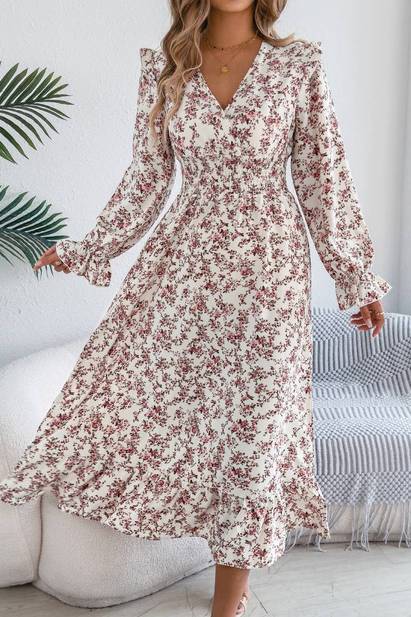CWDMD6026_FLORAL WRAP V-NECK RUFFLE TRIM WAIST MAXI DRESS