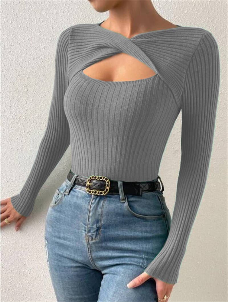 Sexy cut-out pullover solid-color knitted top
