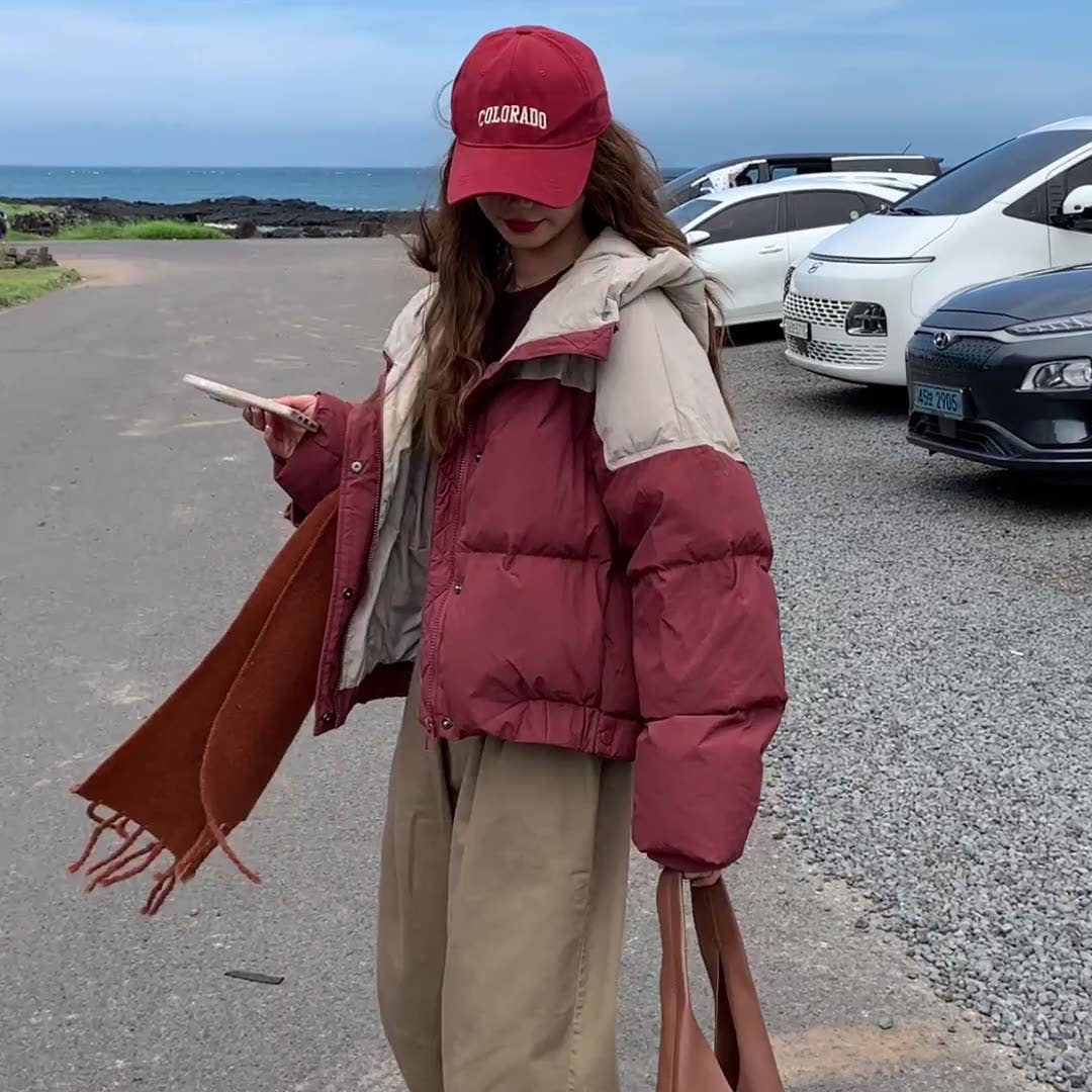 Short hooded,color-blocking,thick loose jacket