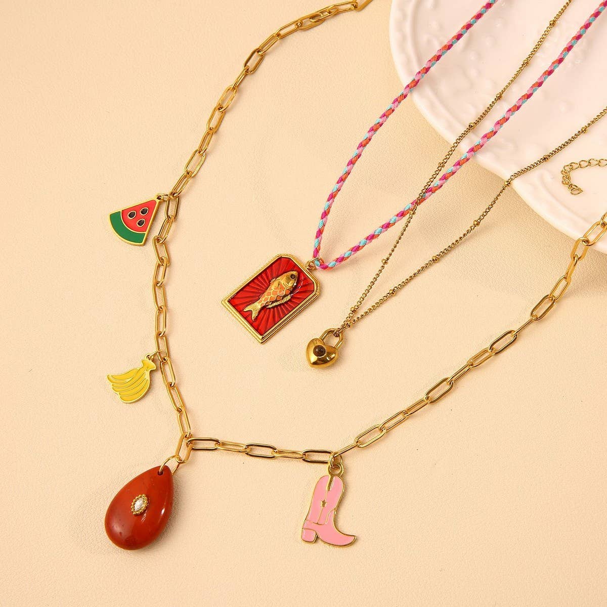 Fruit Pendant Necklace with Stone & Cotton Cord
