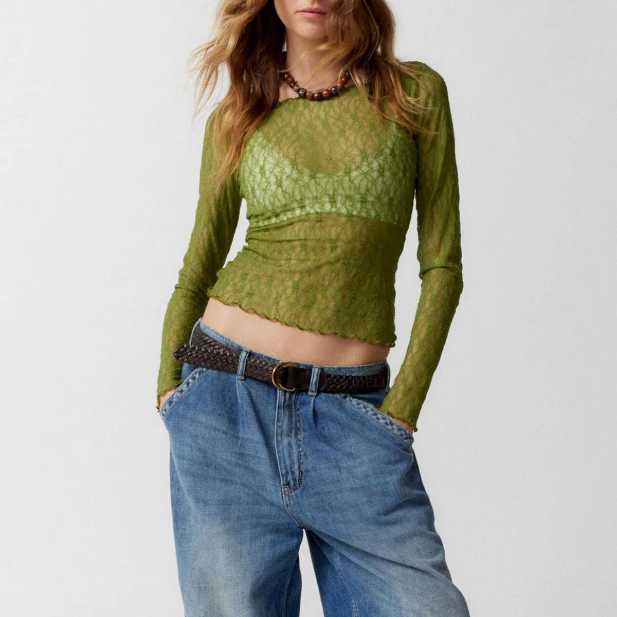 SEMI SHEER MESH LACE T-SHIRT SLIM-FIT CROPPED TOP