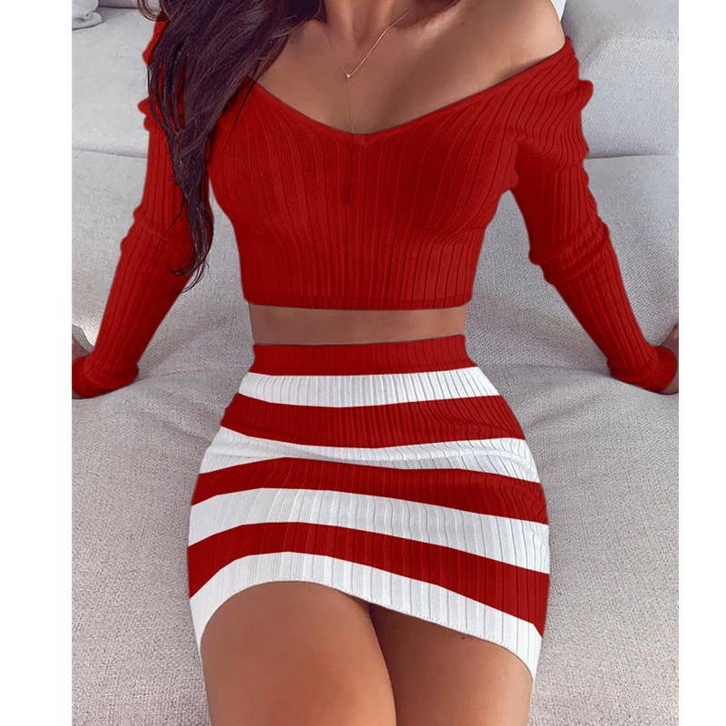 V-neck long-sleeved blouse skirt two-piece set
