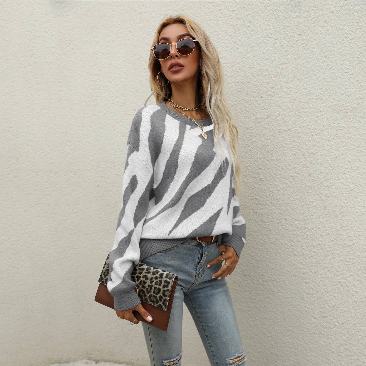 Striped stylish knit pullover sweater