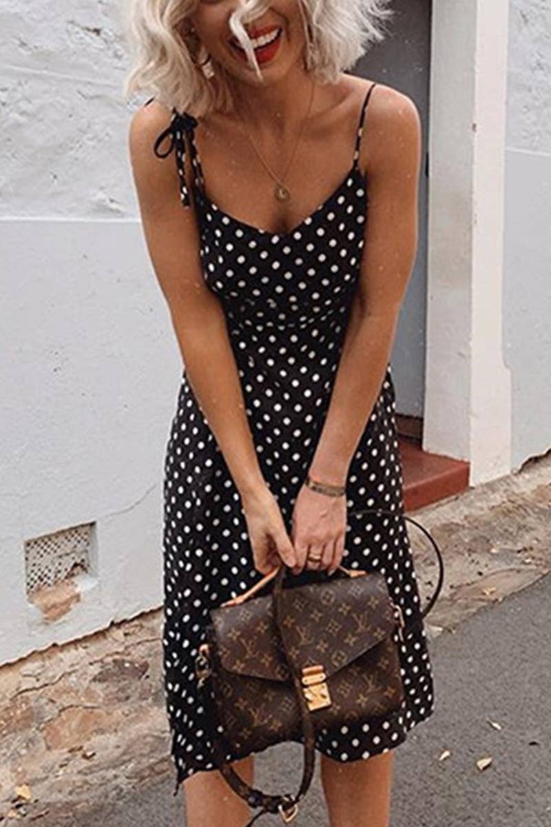 POLKA DOT PRINT HALTER STRAPPY SPLIT DRESS