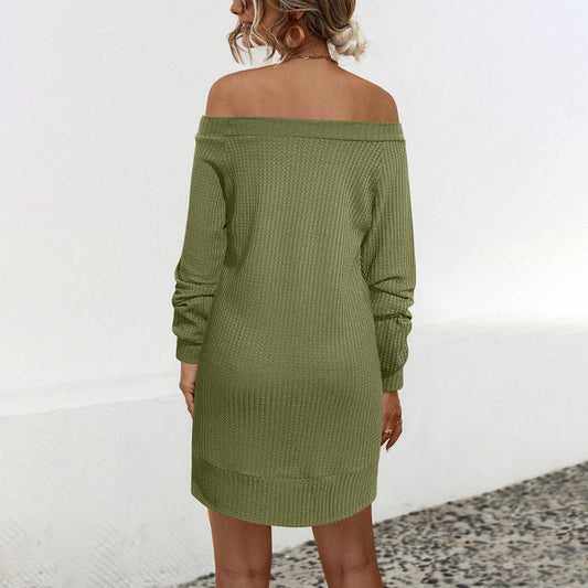 SOLID COLOR LONG-SLEEVED OFF-SHOULDER KNIT DRESS