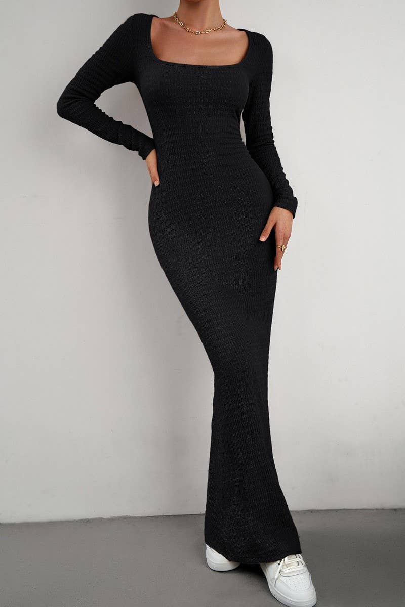 CWDMD4832_SLIM FIT SQUARE NECK LONG SLEEVE KNIT DRESS