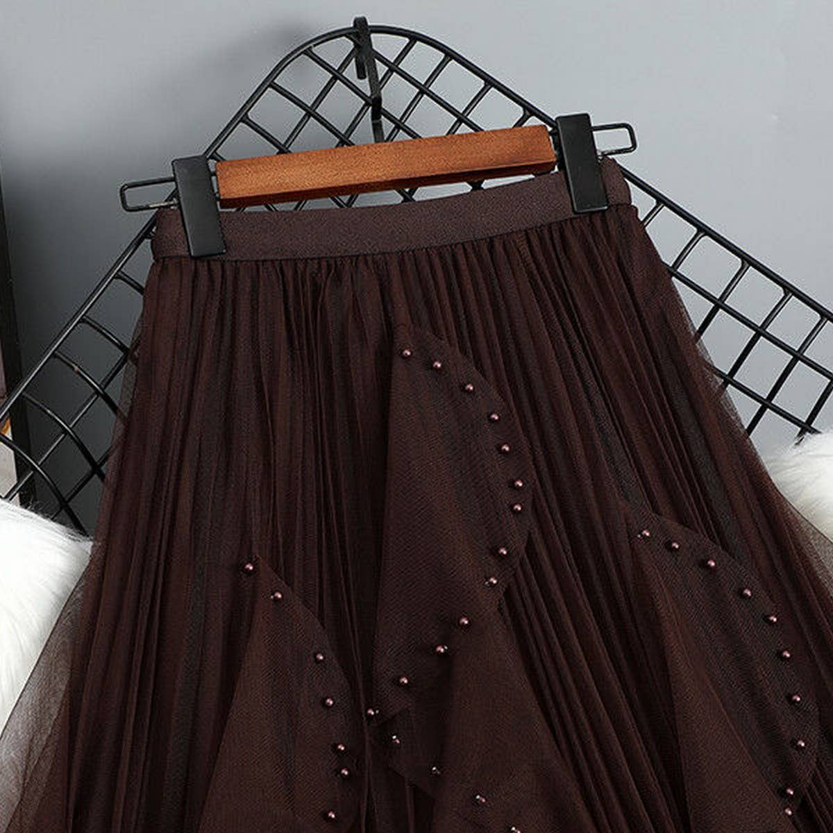 BEADED MESH PLEATED SKIRT A LINE TULLE SKIRT_CWBLS0398