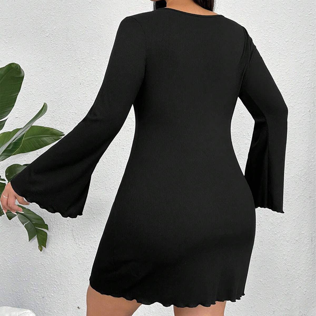 Elegant V-Neck Fitted Bodycon Bell Sleeve Dress