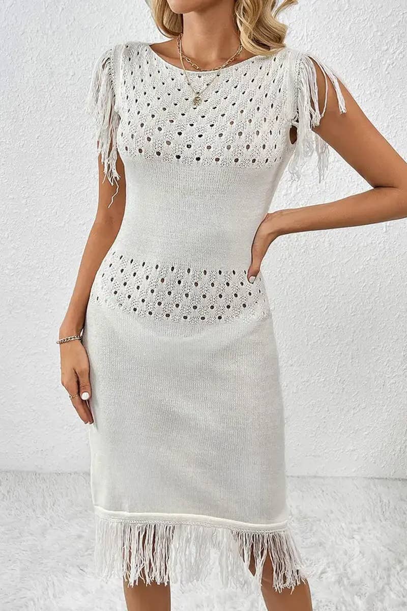 CWDMD4847_SPRING AND SUMMER FASHION TASSEL KNITTED DRESS