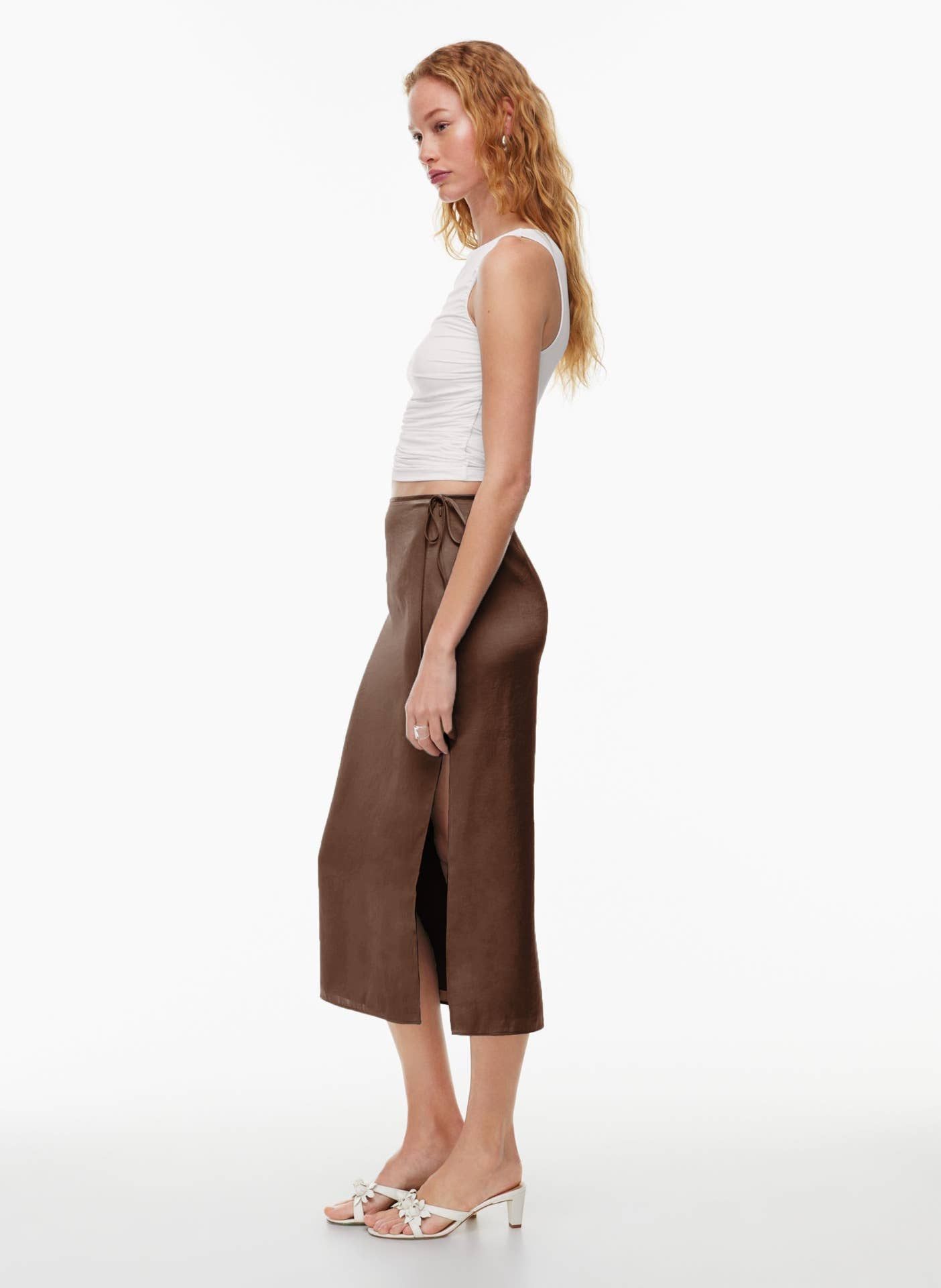 LACE UP SATIN SKIRT HIGH WAIST SLIT STRAIGHT SKIRT