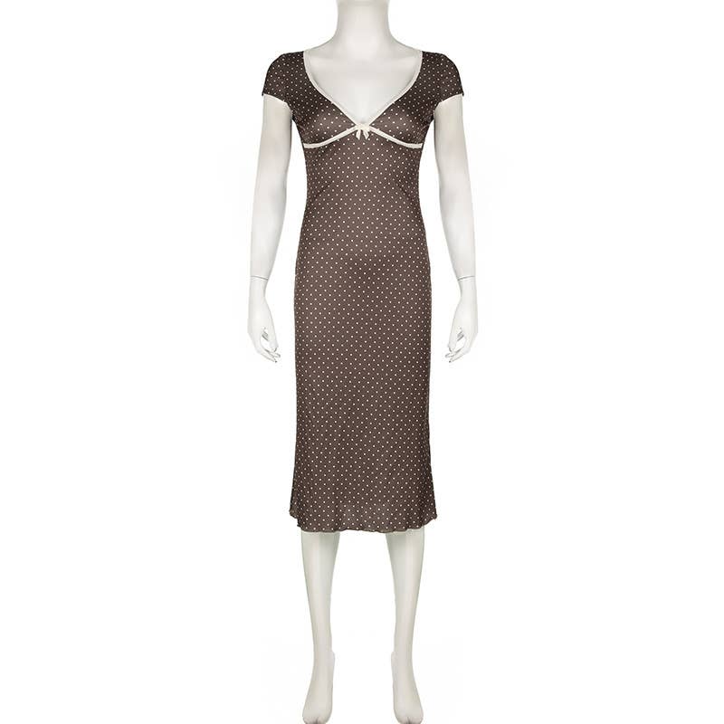 Polka dot print short-sleeved mid-length dress