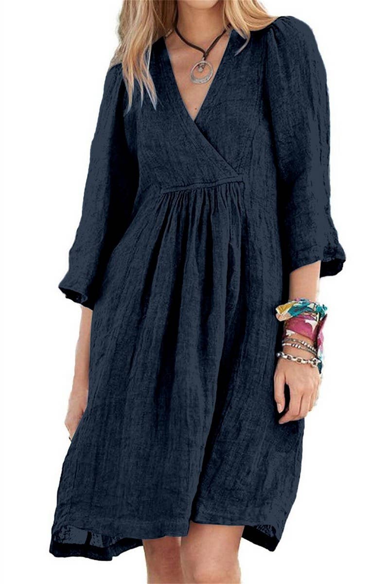 CWDSD10628_V-NECK CROSS-SLEEVE LOOSE CASUAL DRESS