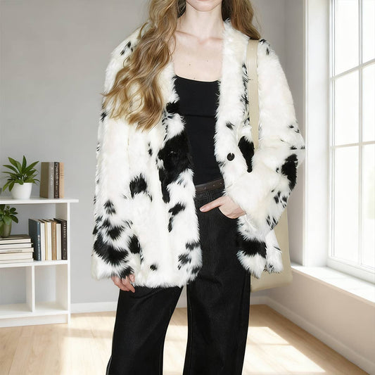 Fashionable color-blocking cow print coat