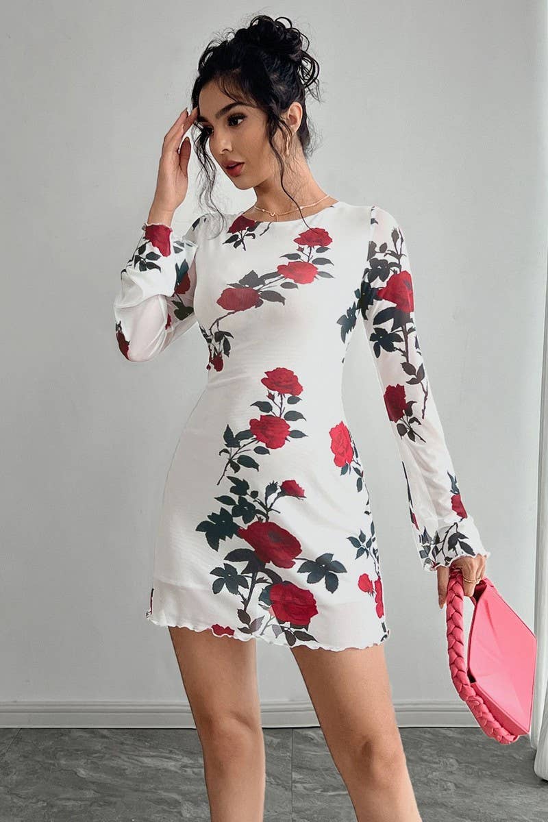 CWDSD8287_FLORAL BACKLESS MESH BELL SLEEVE MINI DRESS