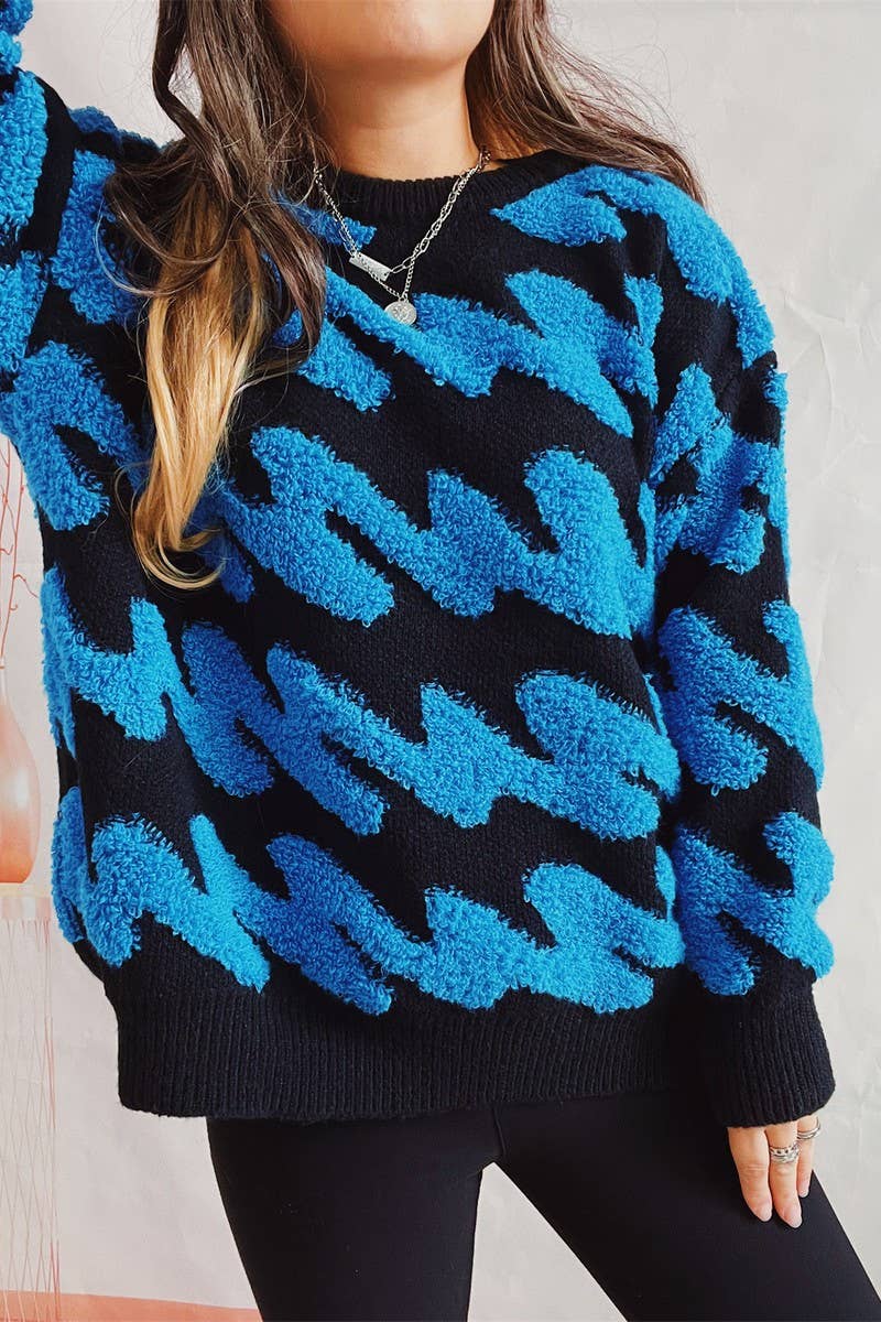 Long sleeve knit sweater with wavy stripes flocking