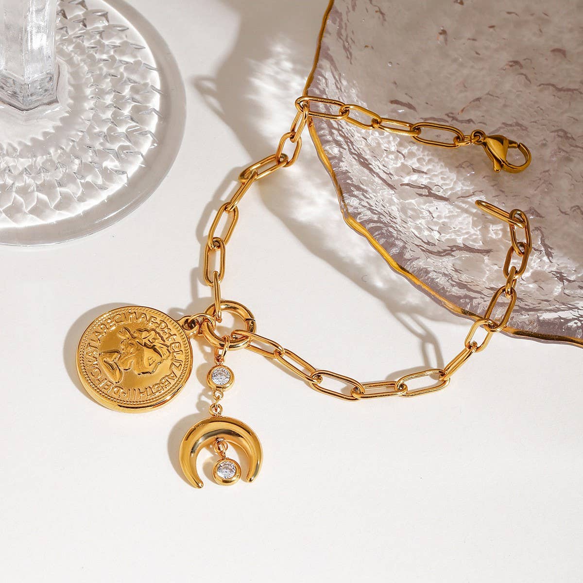 18K Gold Coin & Moon Zircon Bracelet, Titanium_CWAJE4703