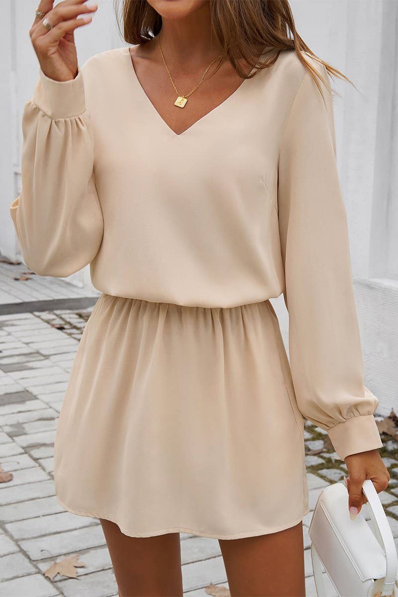 CWDSD5613_V-NECK SOLID COLOR PUFF SLEEVE DRESS