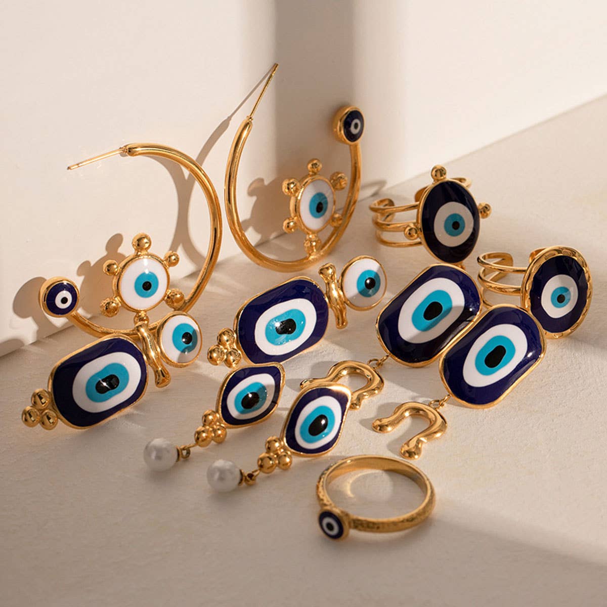 OIL DRIPPING BLUE EVIL EYE PENDANT RINGS,EARRINGS_CWAJE0621