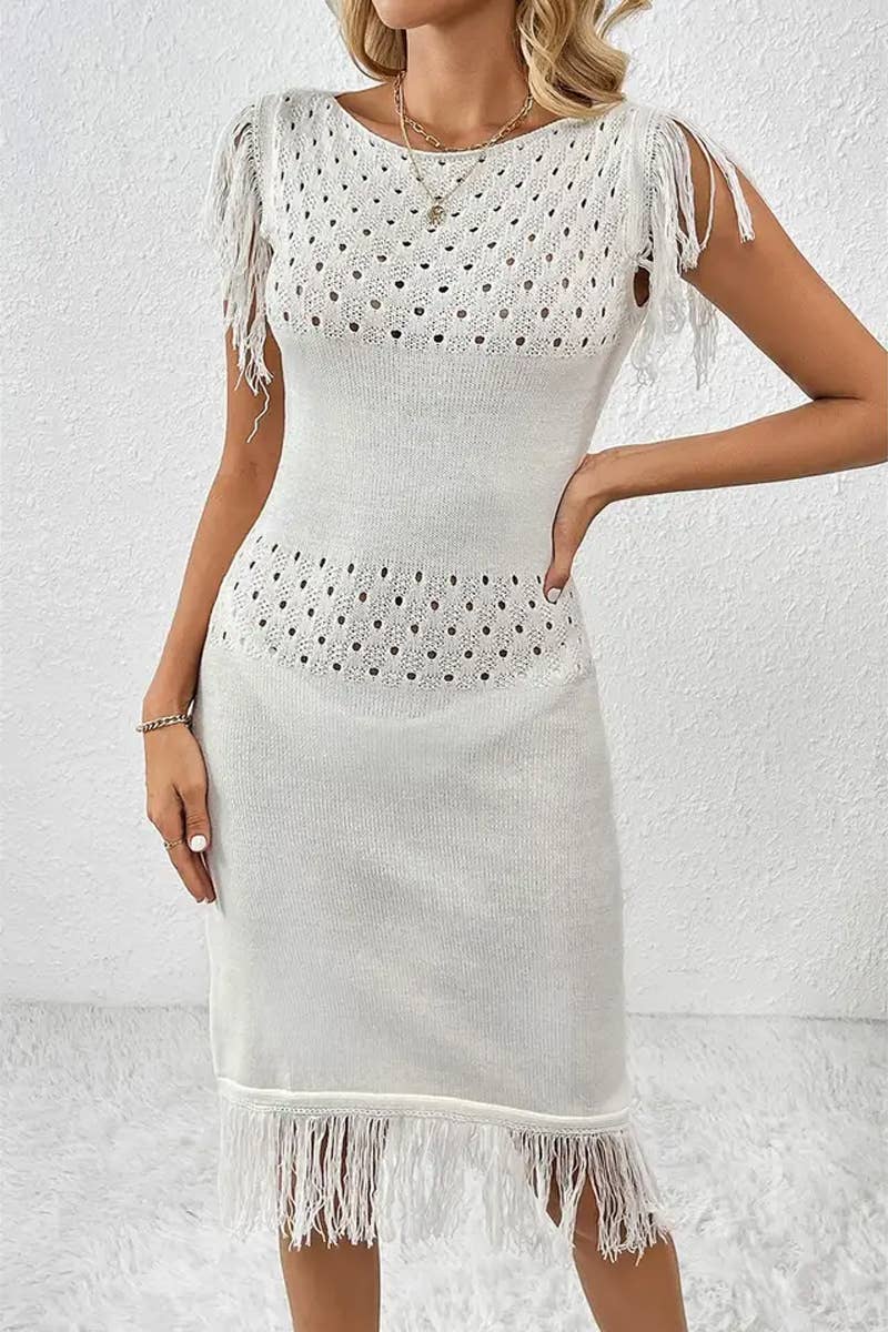 CWDMD4847_SPRING AND SUMMER FASHION TASSEL KNITTED DRESS