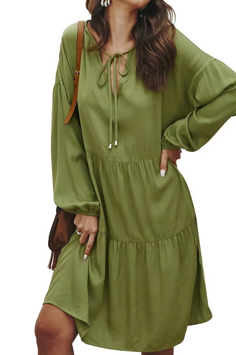 CWDMD5414_V-NECK LONG SLEEVE HIGH WAIST TIE MIDI DRESS