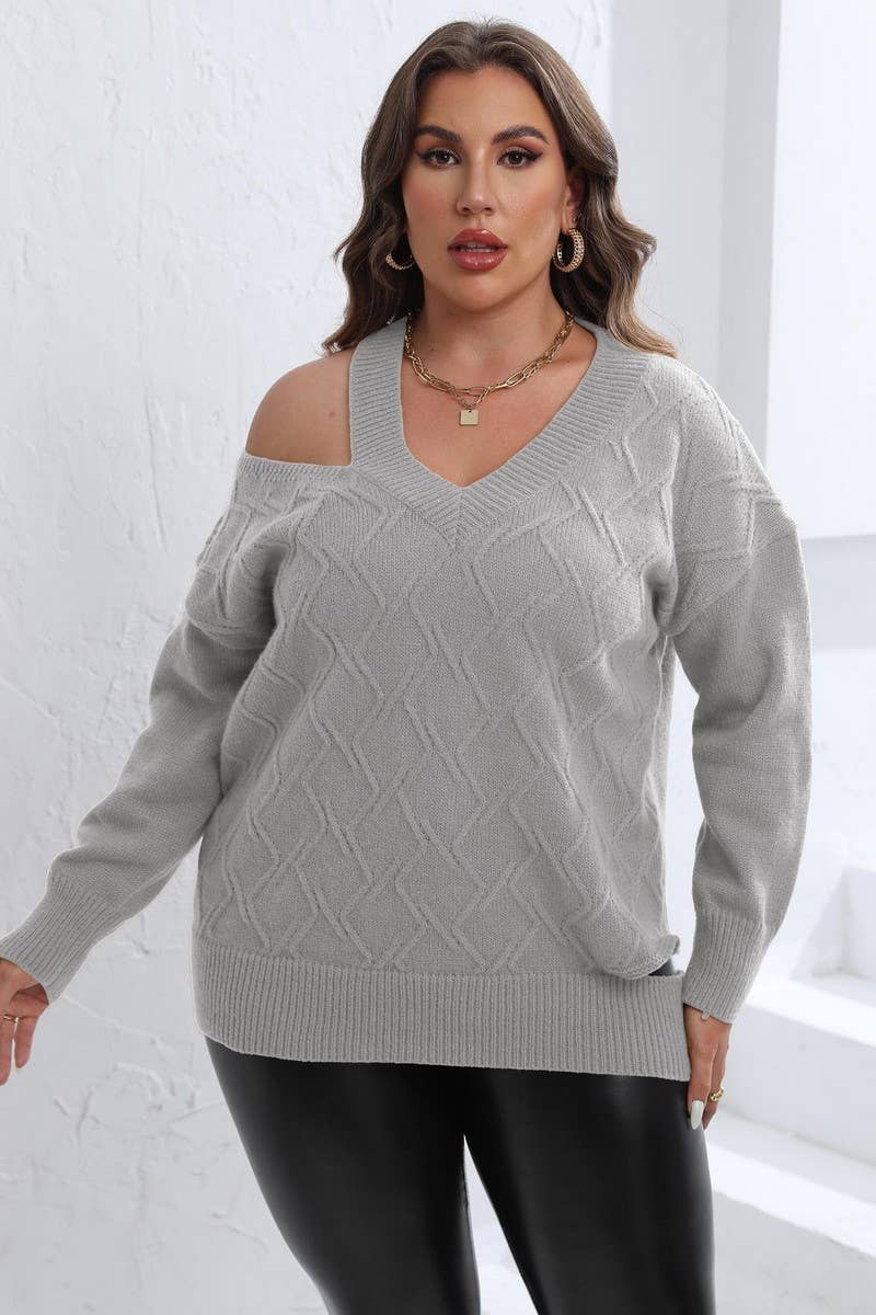 CWOSWL1571_PLUS Size V-Neck Long Sleeve Pullover Sweater