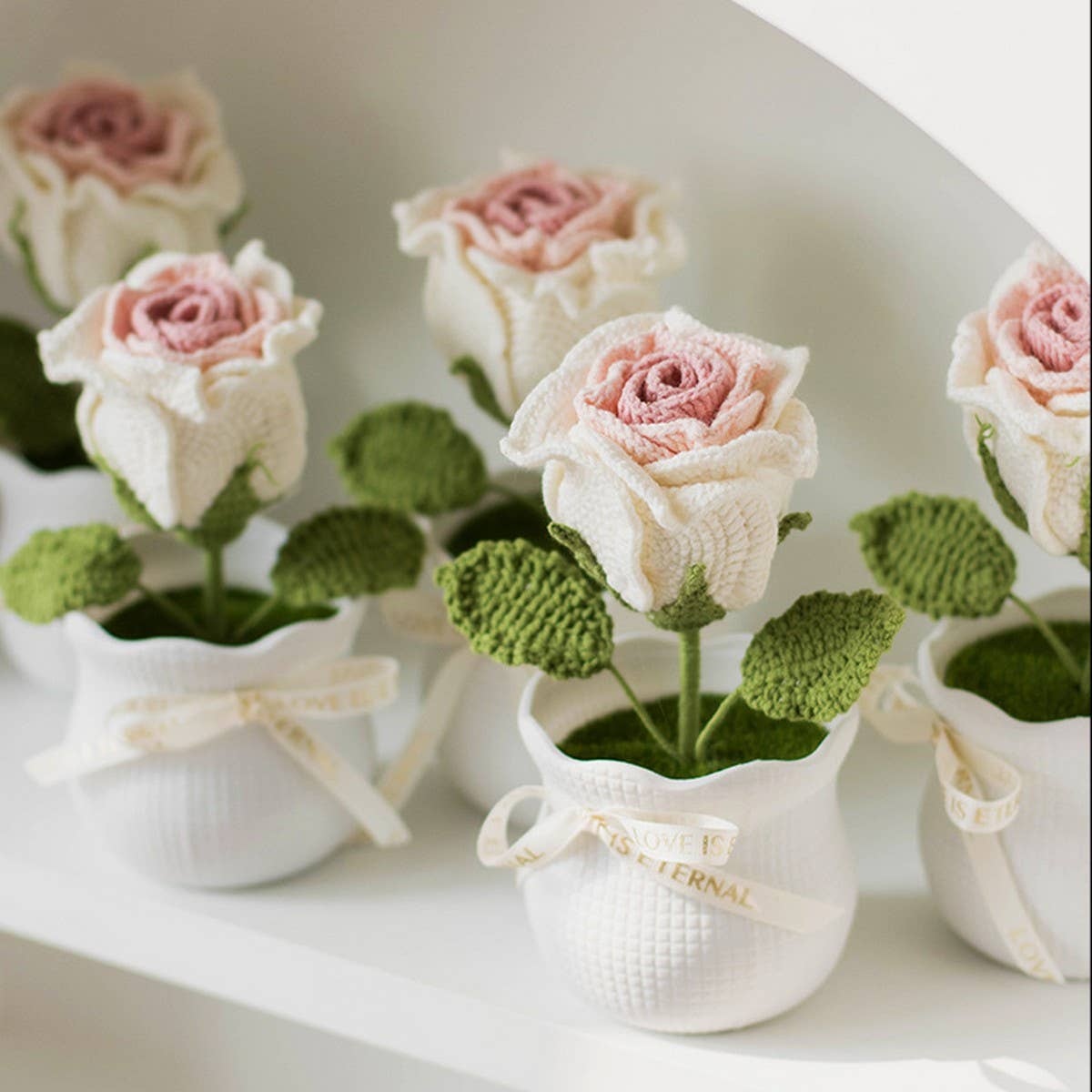 CWMM9266_HANDMADE CROCHET ROSE ARTIFICIAL FLOWER POT