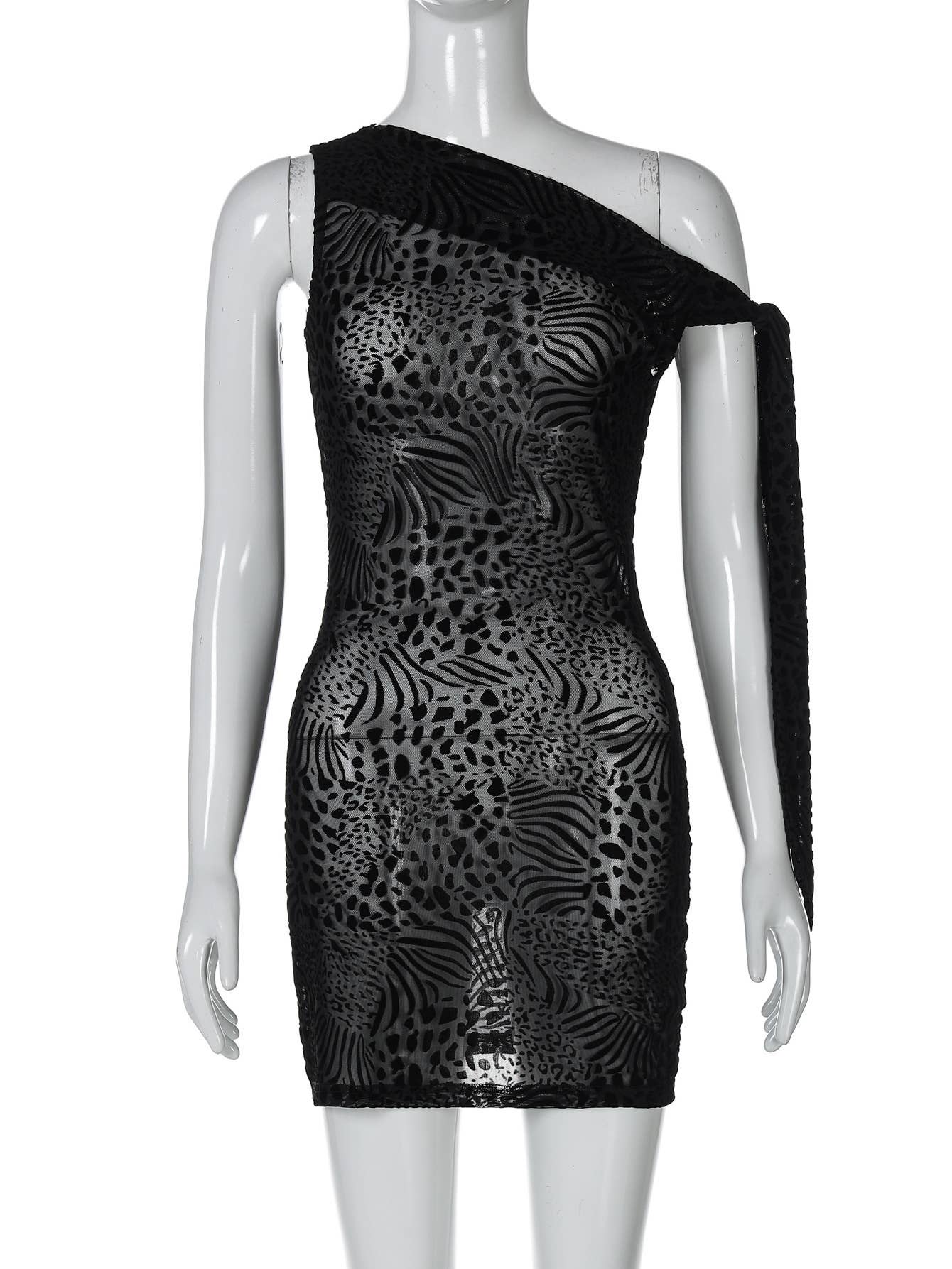 One-shoulder lace see-through body-hugging dress