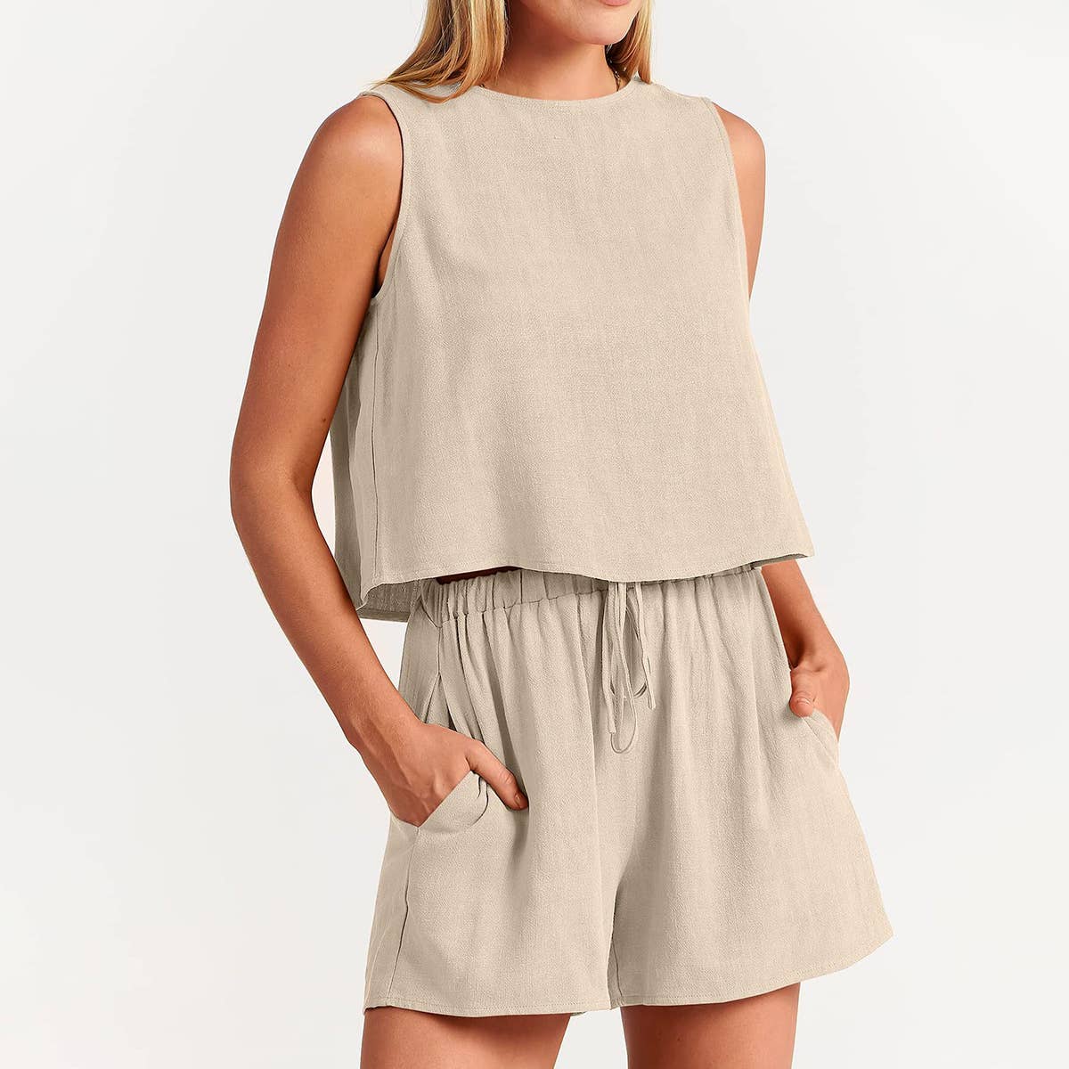 STYLISH SLEEVELESS BLOUSE SHORTS TWO PIECE SET_CWSTB0495