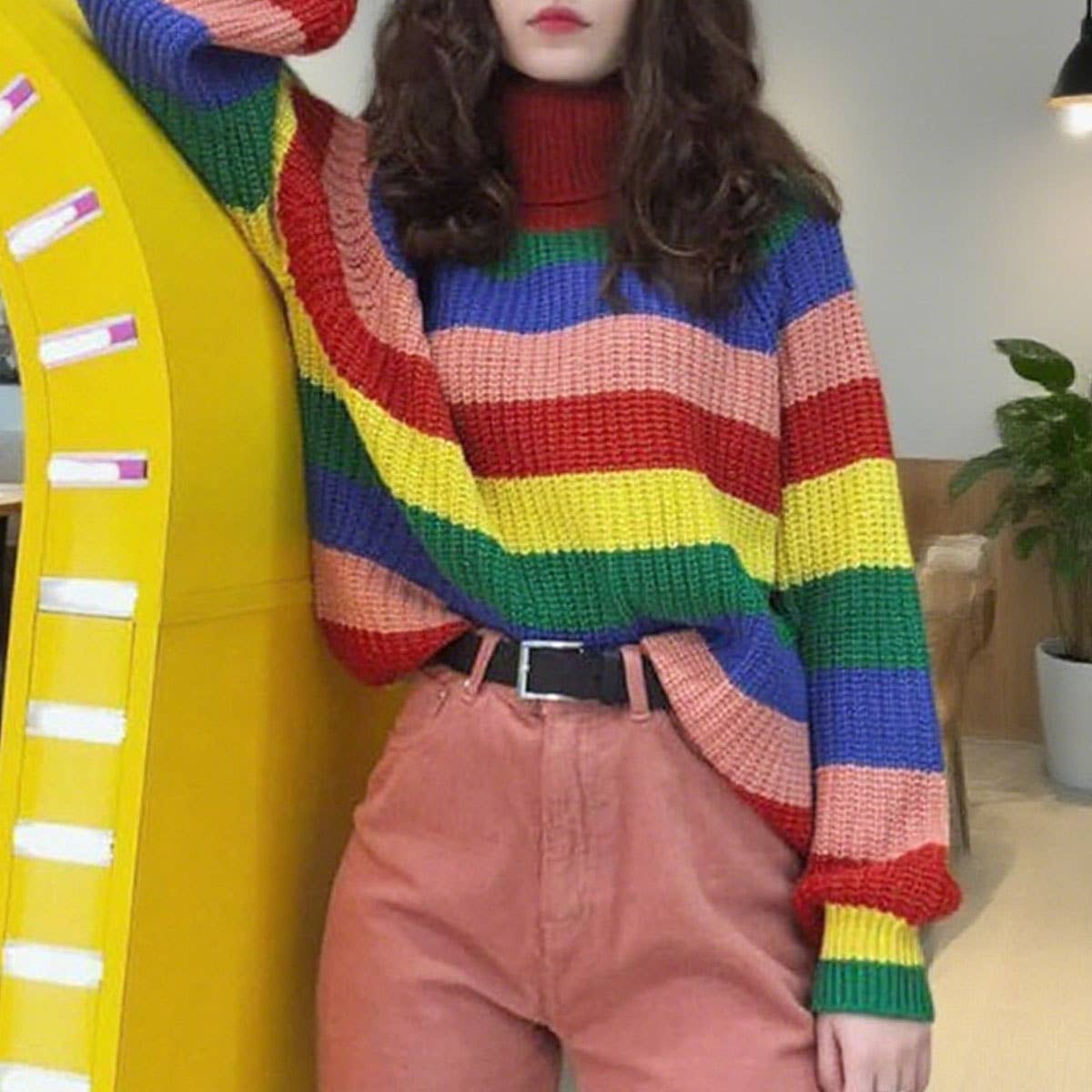 Turtleneck colour-matching loose sweater