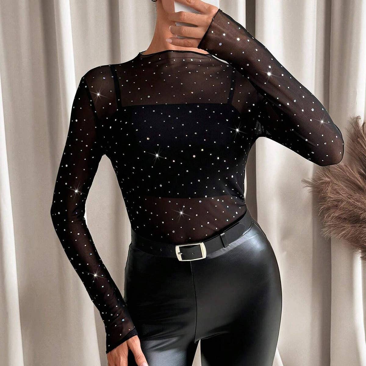 Stand-up collar mesh semi-transparent T-shirt