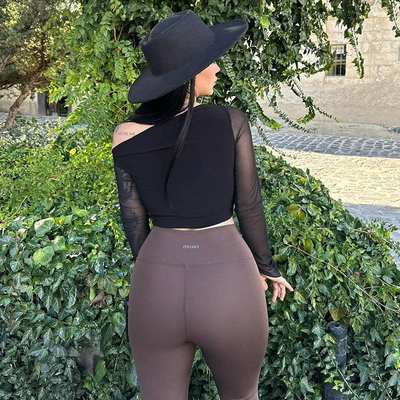 ELEGANT SLIM SLANT SHOULDER MESH SLEEVE TOP