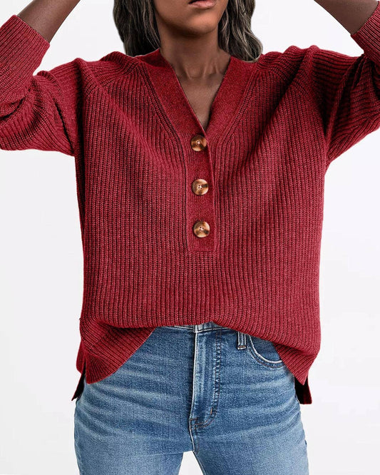 KNIT PULLOVER V-NECK SINGLE BREASTED SWEATER