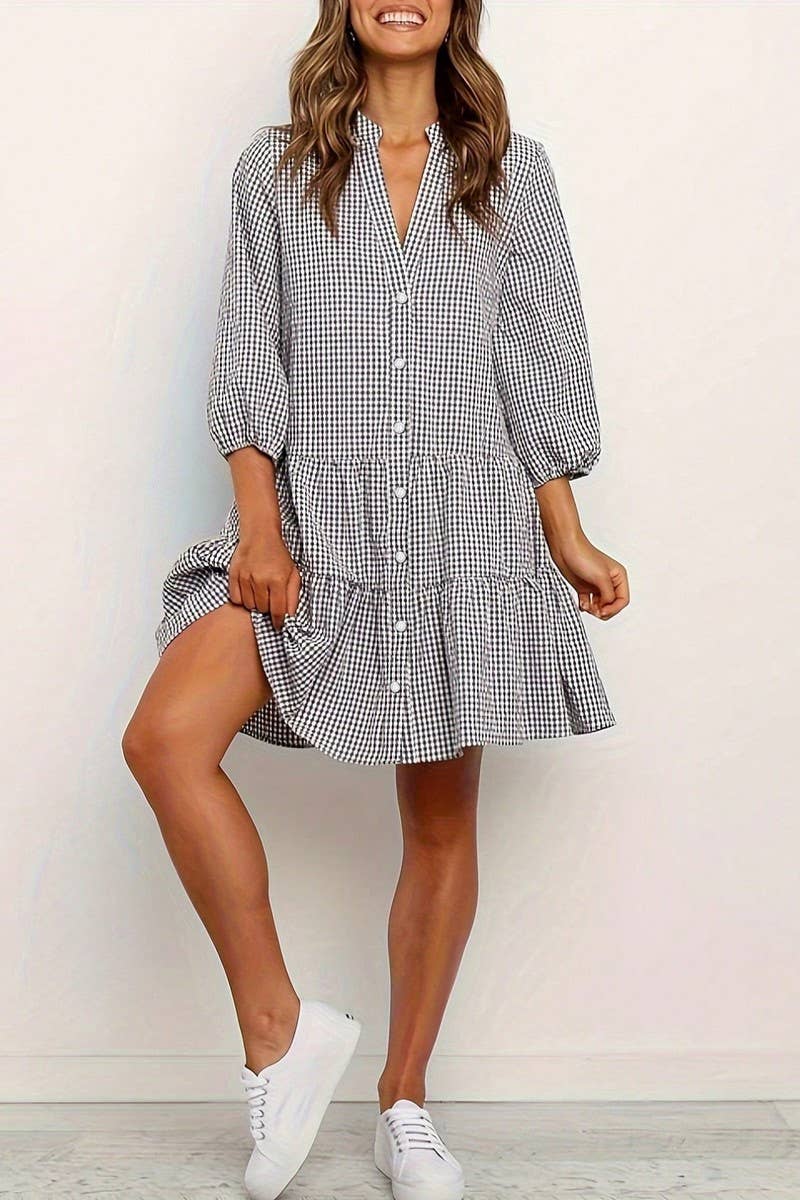 CWDSD8006_SUMMER V-NECK LOOSE PLAID DRESS