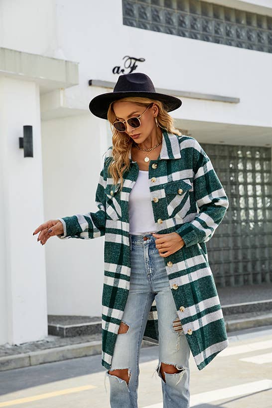 STYLE LAPEL PLAID WOOL SINGLE BREASTED LONG COAT