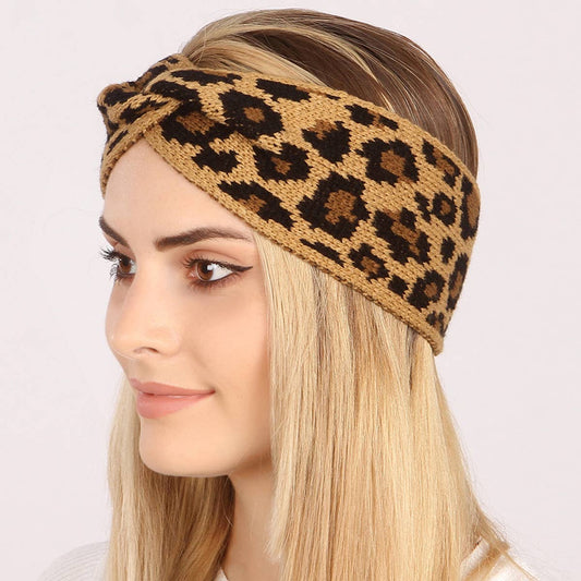 VINTAGE WARM LEOPARD PRINT KNITTED WOOL HEADBAND