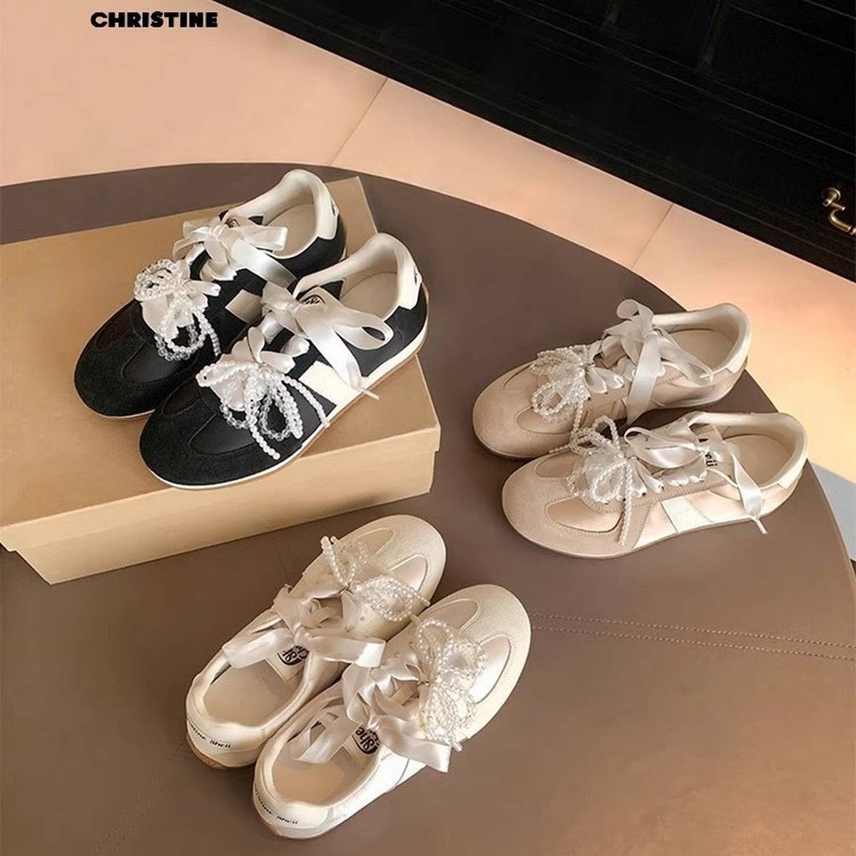 Satin Ballet Sneakers with Pearl Ribbon Trim