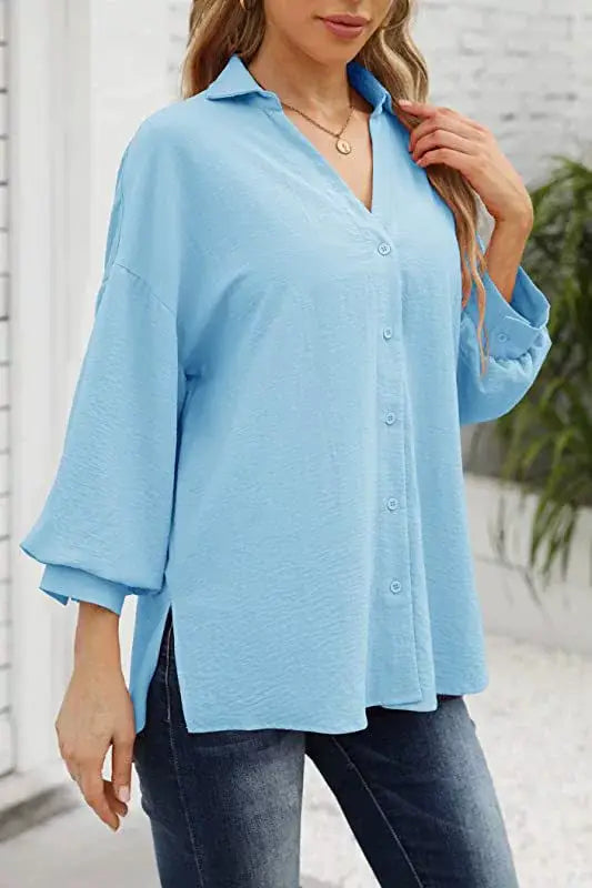 LANTERN SLEEVE BUTTON V-NECK CHIFFON CASUAL SHIRT
