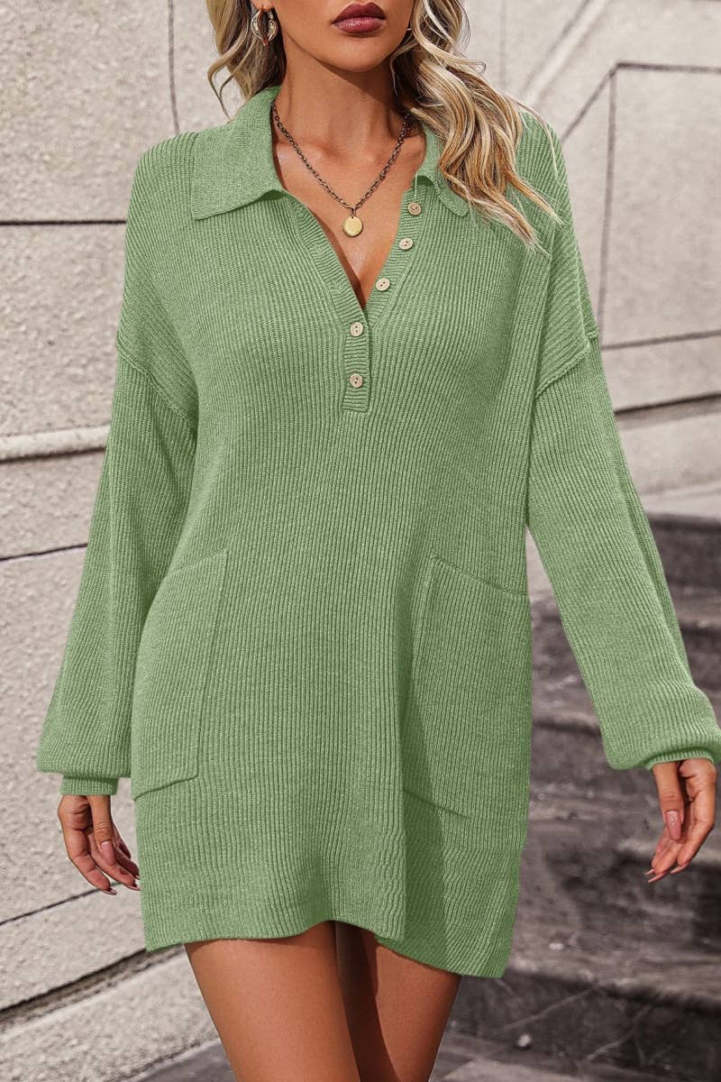 CWDSD6487_LAPEL BUTTON-DOWN LONG-SLEEVED SWEATER DRESS