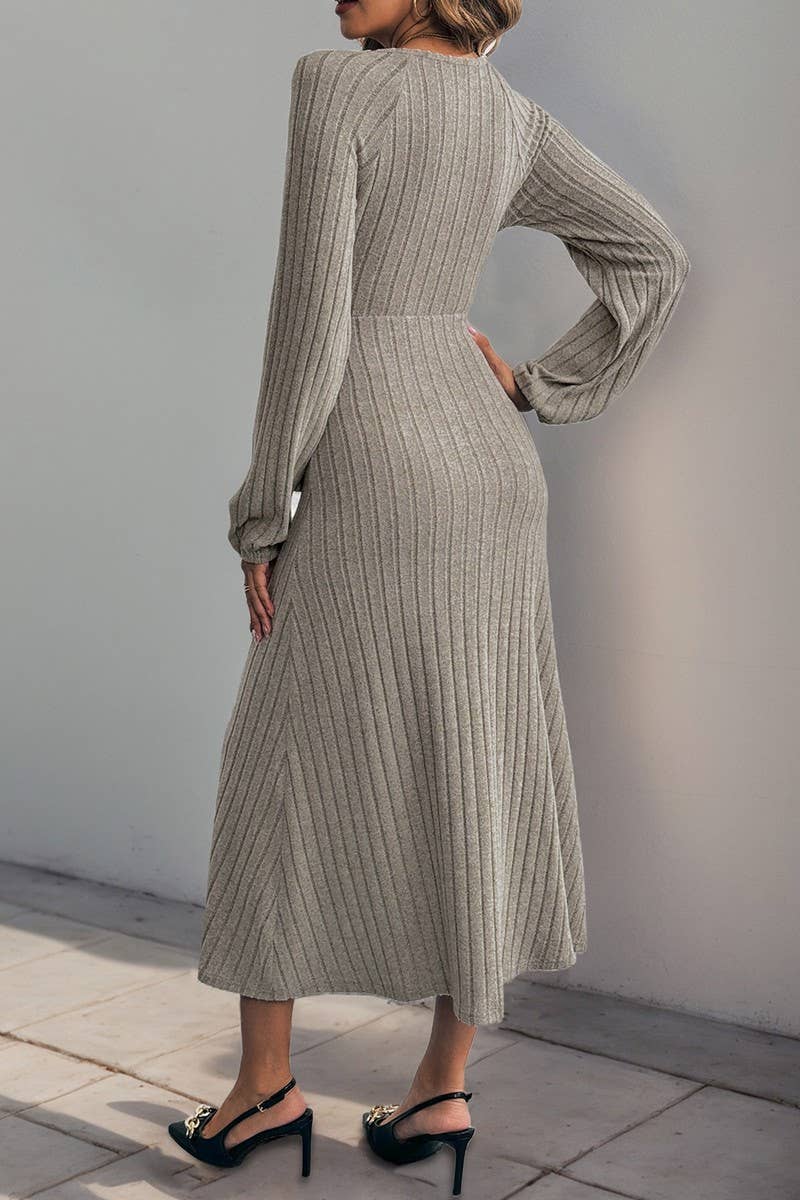CWDMD4798_AUTUMN AND WINTER V-NECK A-LINE KNITTED MIDI DRESS