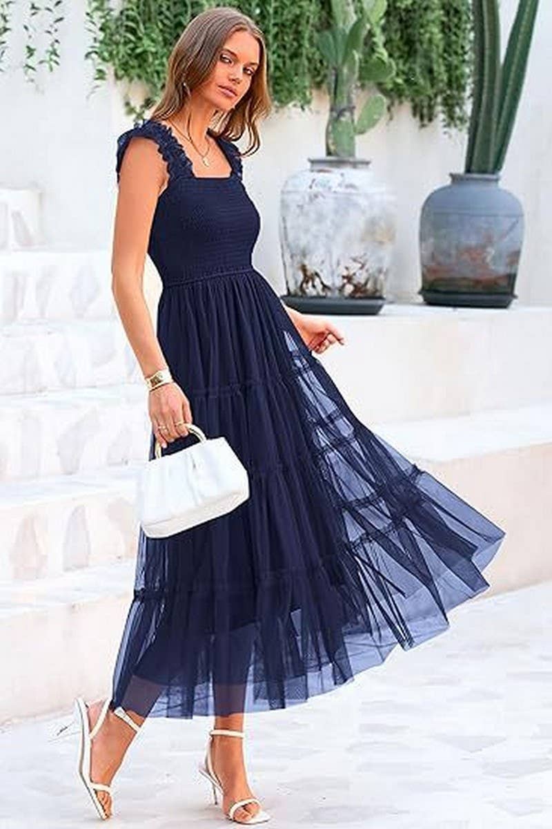 CWDHL1088_SLEEVELESS PLEATED MESH PANELED PUFFY VEST DRESS