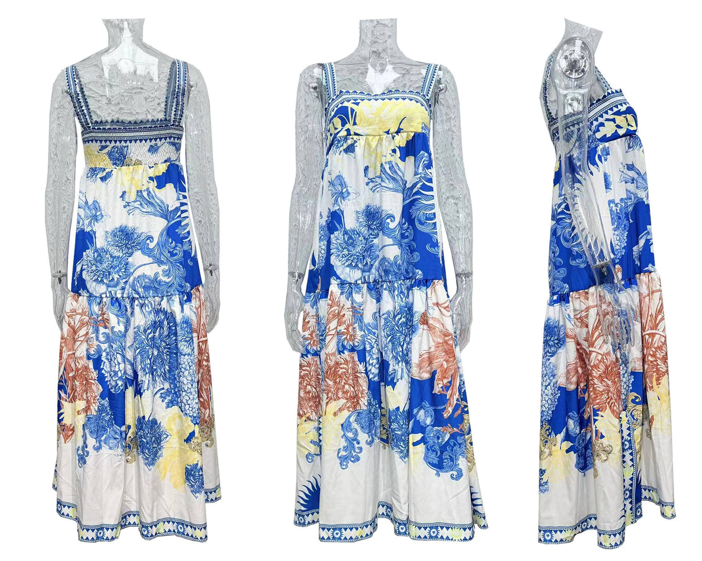 Vacation style long printed halter dress