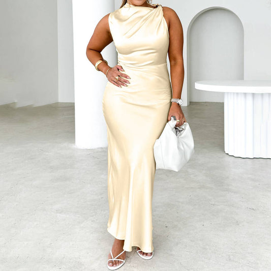 Satin dress with diagonal shoulders and fishtail