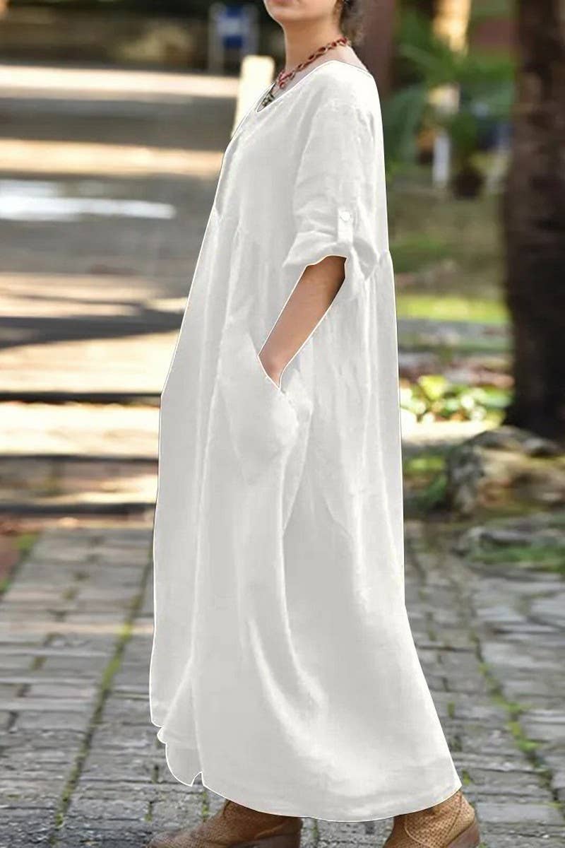 CWDMD4868_LONG SLEEVE V-NECK POCKET COTTON AND LINEN DRESS