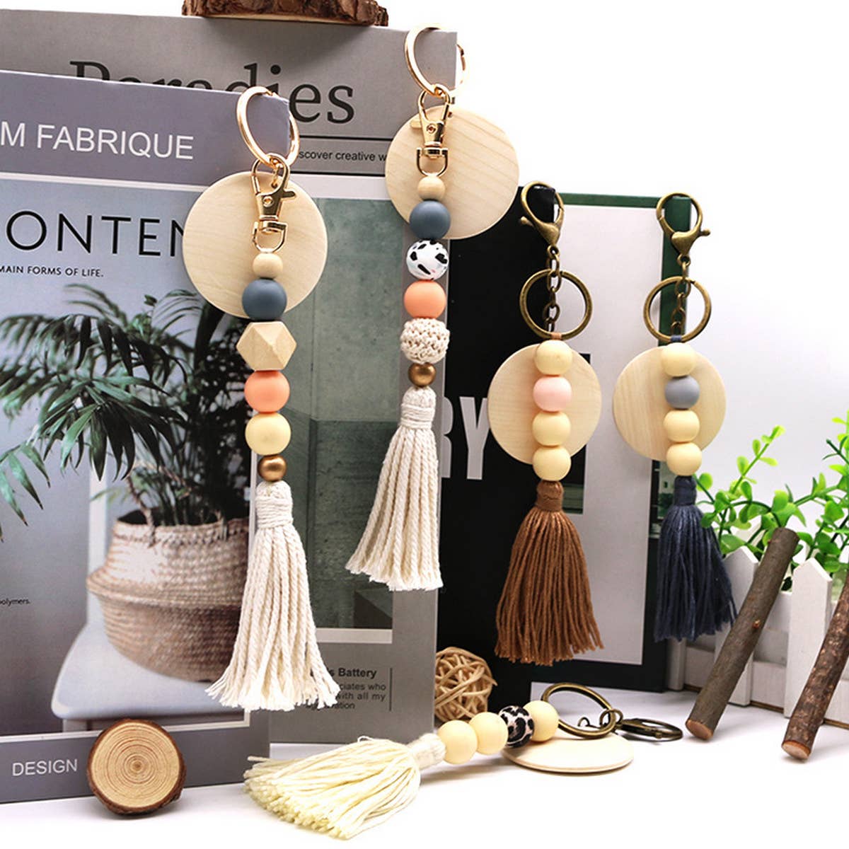 ROUND WOODEN BEADED TASSEL KEYCHAIN