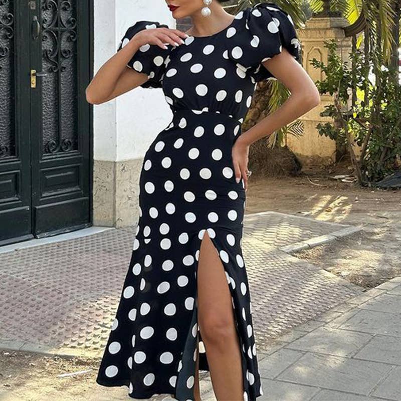 STYLE PRINT PUFFED SLEEVE HALTER LONG DRESS