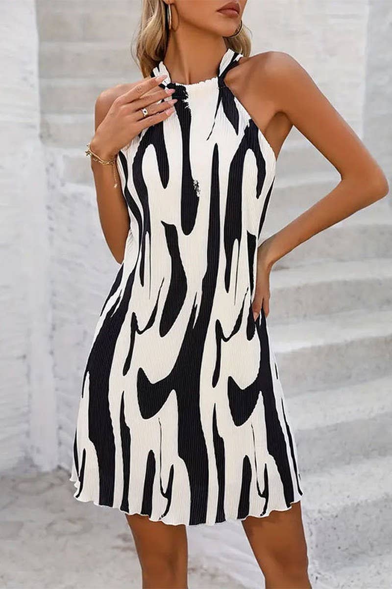 CWDSD7648_SUMMER ELEGANT PLEATED HALTER NECK A-LINE DRESS