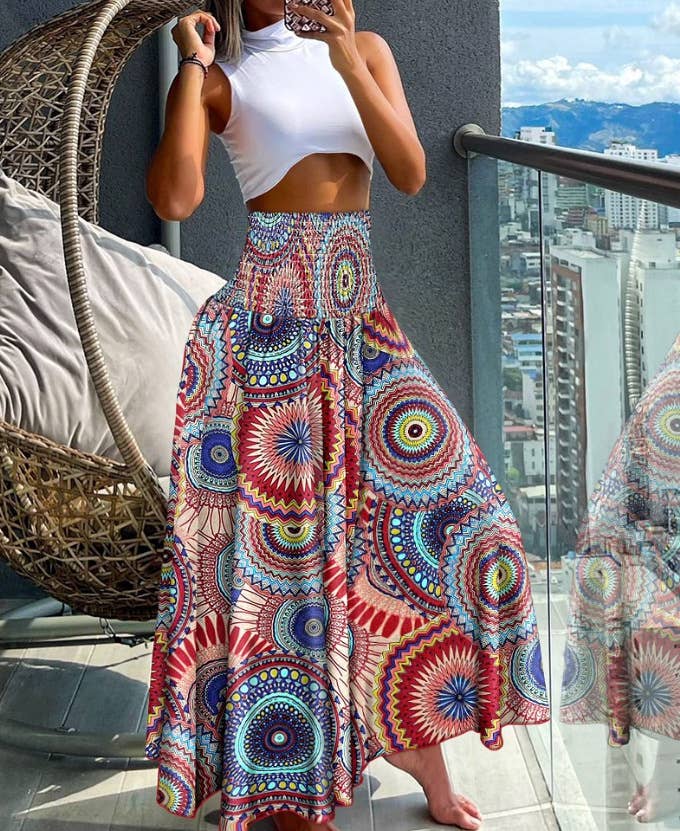 Tropical print retro floral print wide leg pants