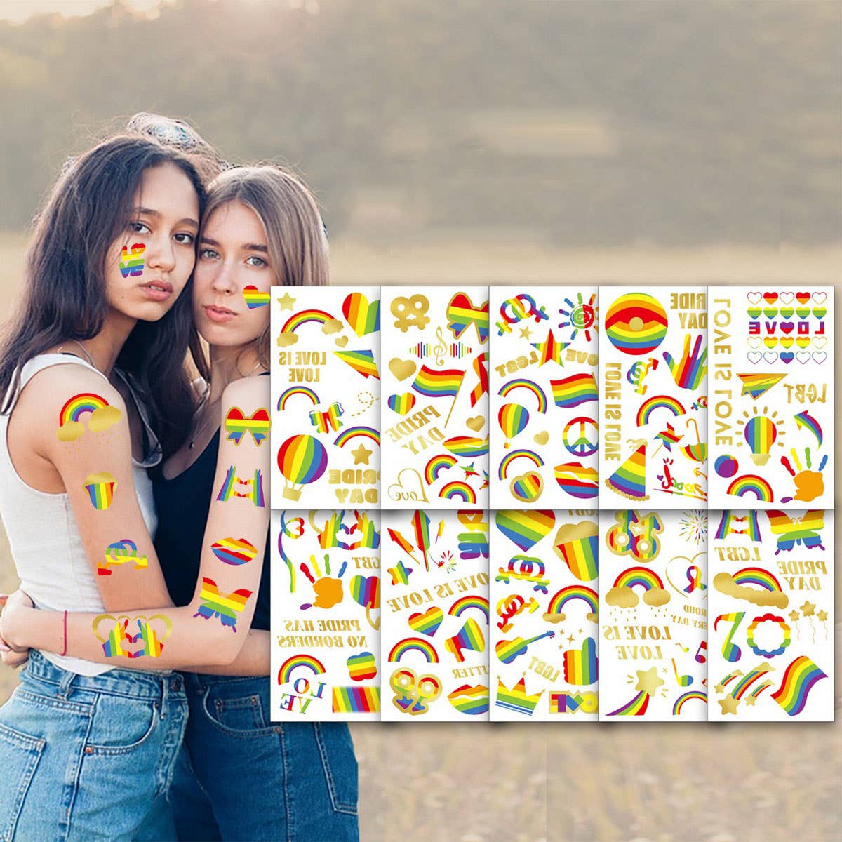 Rainbow Heart & Sun Tattoos ??Metallic & Fun_CWMM8233