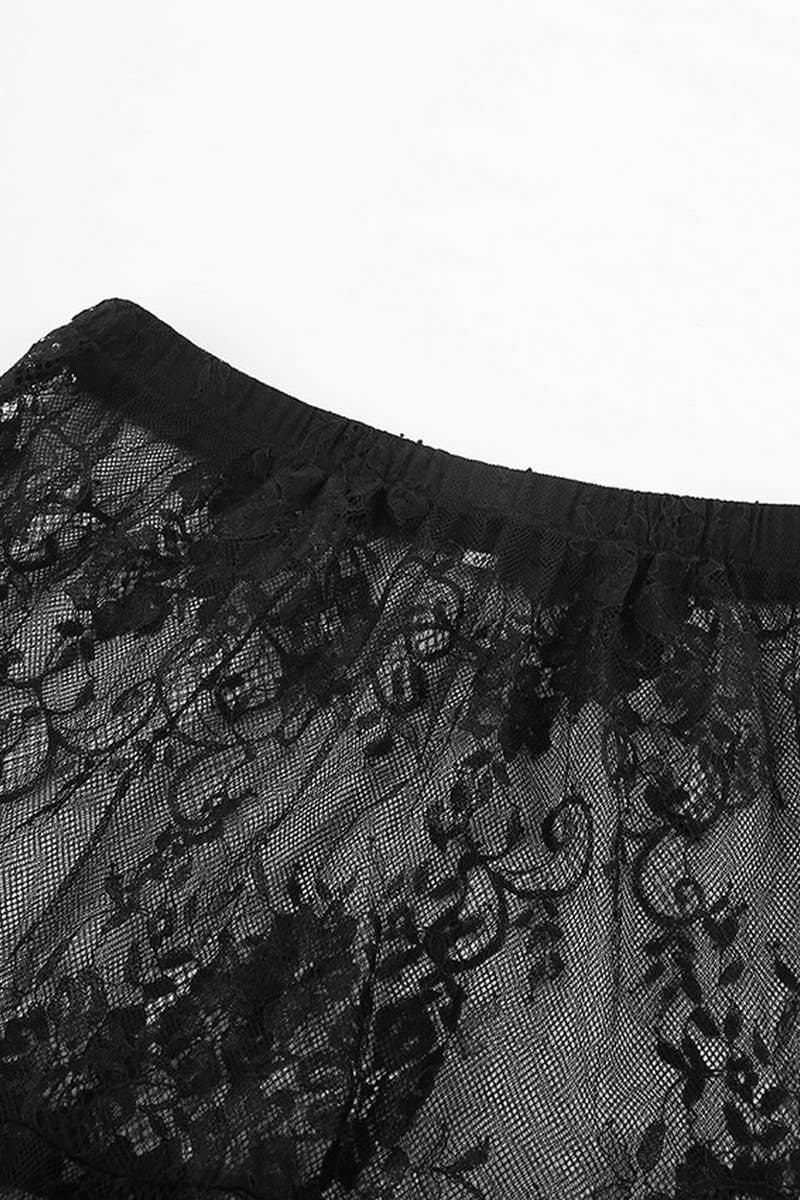 CWBLS138_LACE HOLLOW  HIGH WAIST MESH PLEATED SKIRT