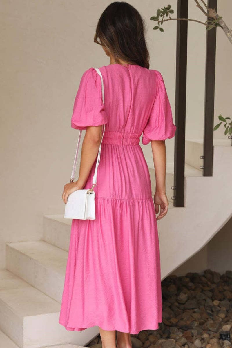 CWDMD1911_WOMEN'S SEXY DEEP V MID-SLEEVE LONG DRESS